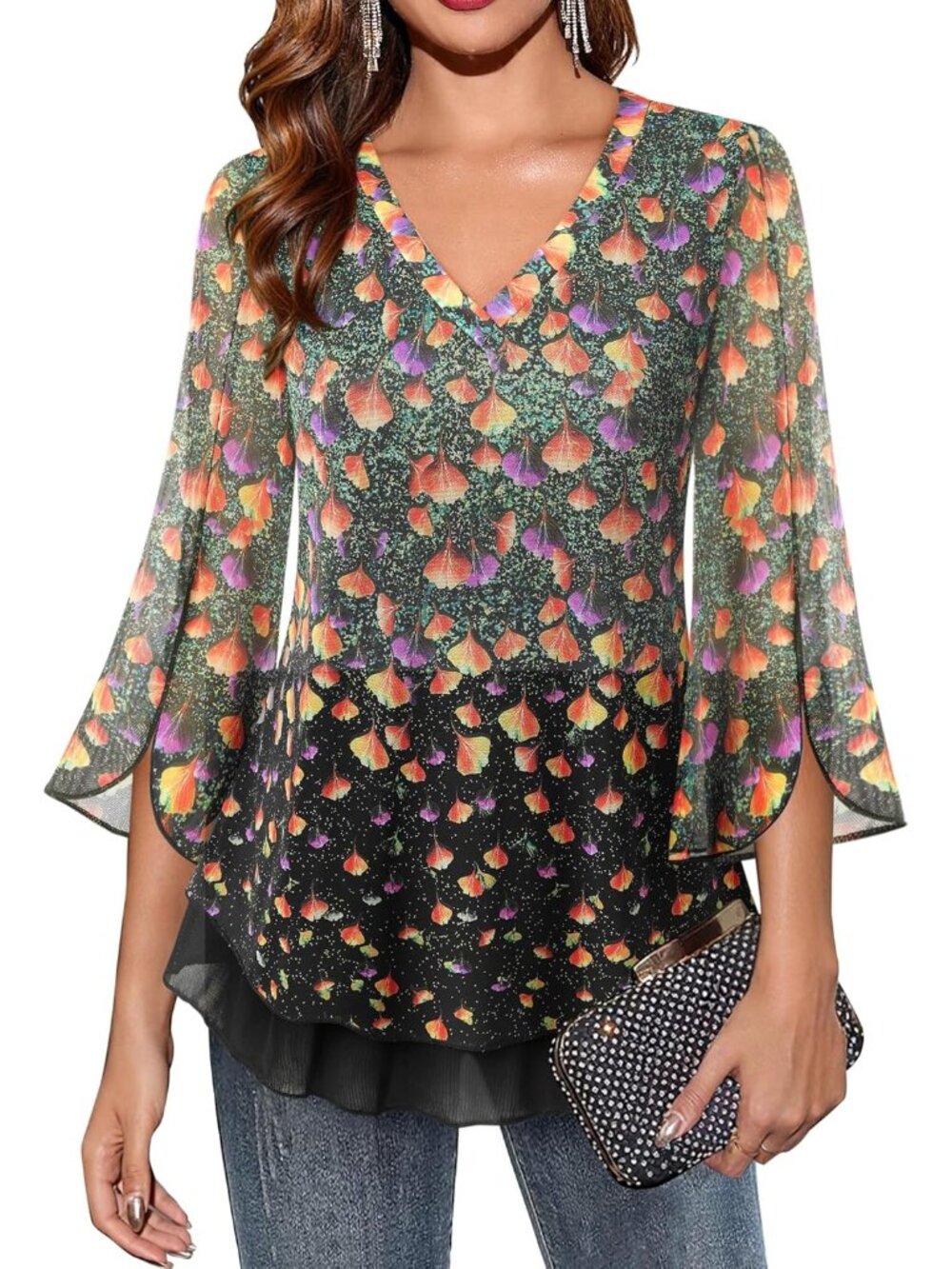 Women's Tops Black Beige 3/4 Sleeves Floral Shirts Double Layers V Neck Blouses